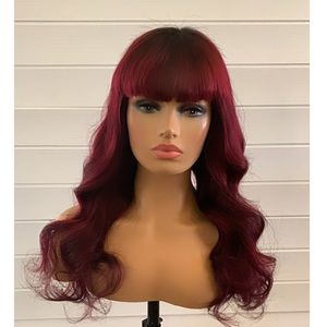 Burgundy pin up style human hair wig with bangs